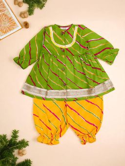 LITTLE GINNIE - Girls Green and Yellow Leheriya Kurta and Salwar