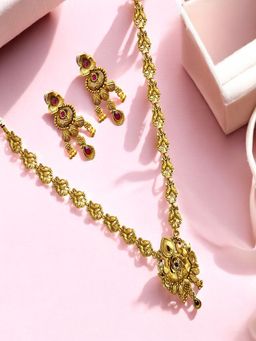 Accessher - Gold Plated Kalash Style Rani Haar Temple Necklace with Green-Red Stone (Set of 2)