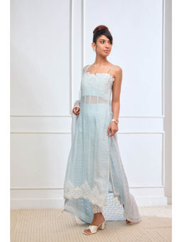 Aishwarya Tyagi - Organza Jamdani Straight Fit Kurta with Pant & Dupatta (Set of 3)