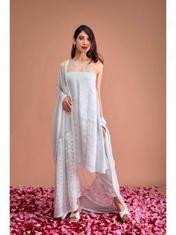 Aishwarya Tyagi - Organza Jamdani One Shoulder Flared Kurta with Pant & Dupatta (Set of 3)