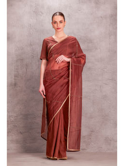 Janki India - Floral & Cut Dana Work Brown Organza Saree with Stitched Blouse & Underskirt