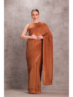 Janki India - Womens Embroidery Brown Chanderi Saree with Stitched Blouse & Underskirt