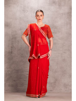 Janki India - Womens Embellished Orange Chiffon Saree with Stitched Blouse & Underskirt