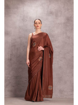Janki India - Womens Floral Embroidered Brown Silk Saree with Stitched Blouse & Underskirt