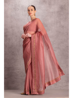 Janki India - Womens Embroidered Pink Organza Saree with Stitched Blouse & Underskirt