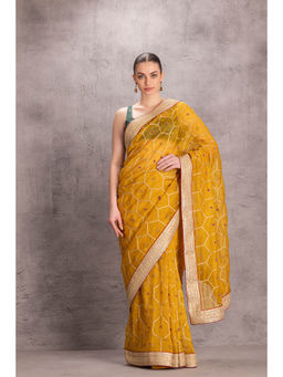 Janki India - Womens Embellished Yellow Organza Saree with Stitched Blouse & Underskirt