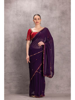 Janki India - Womens Embellished Purple Georgette Saree with Stitched Blouse & Underskirt