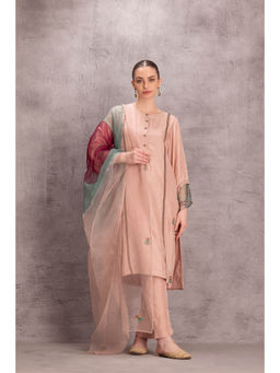 Janki India - Peach Silk Kurta with Pant with Purple Dupatta (Set of 3)