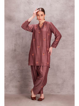 Janki India - Womens Floral Embroidered Muga Silk Co-Ord (Set of 2)