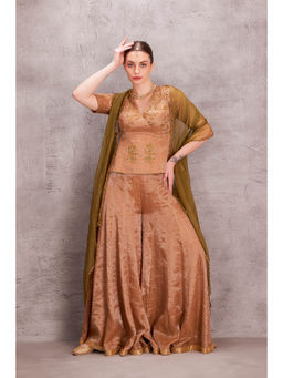 Janki India - Antique Tissue Silk Kalidaar Sharara with Top & Green Organza Dupatta (Set of 3)