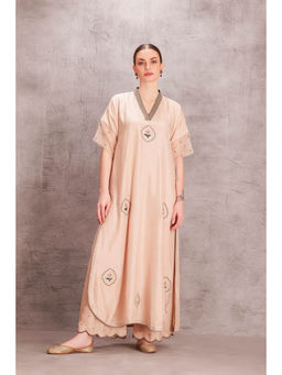 Janki India - Womens Embellished Beige Kurta with Palazzo with Intricate Thread Work (Set of 2)