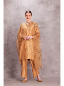 Janki India - Gold Silk Kurta with Pant with Hand Work Scallop Dupatta (Set of 3)