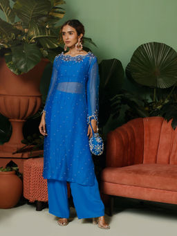 Midushi Bajoria - Organza Kurta Embellished with Crepe Palazzo & Shantoon Bustier (Set of 3)