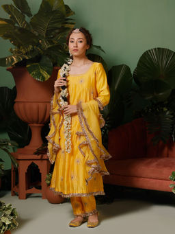 Midushi Bajoria - Silk Chanderi Anarkali Kurta with Pant & Organza Ruffle Dupatta (Set of 3)