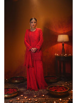 Midushi Bajoria - Red Aalta Sharara with Kurti & Dupatta (Set of 3)