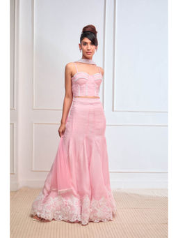 Aishwarya Tyagi - Organza Jamdani Blouse with Godet Lehenga & Dupatta (Set of 3)