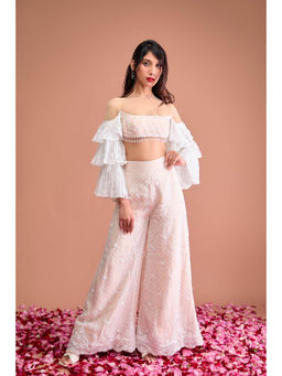 Aishwarya Tyagi - Organza Jamdani Crop Top with Flared Palazzo (Set of 2)