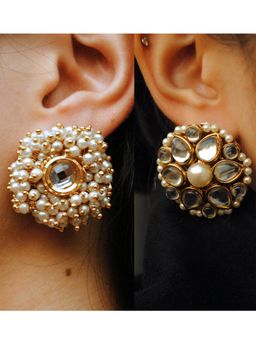 BeAbhika - Kundan And Pearl Studs Set Of 2 Pair Earrings