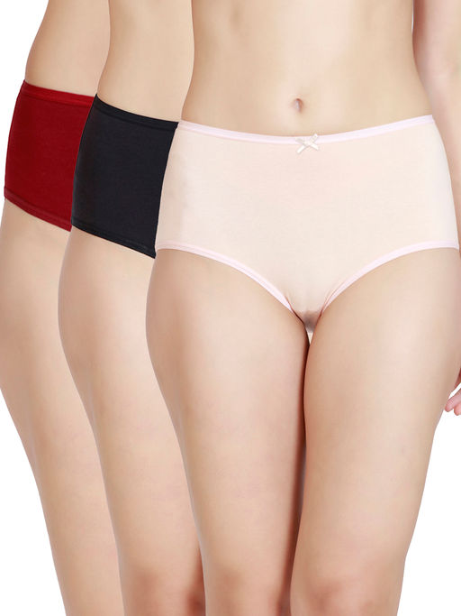 Nykd by Nykaa Cotton Full Brief Panties with Anti Odor NYP036-Black Nude Maroon (Pack of 3)