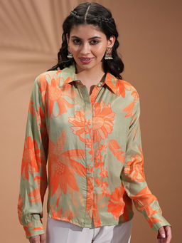 VISHUDH - Women's Orange and Beige Regular Fit Shirt