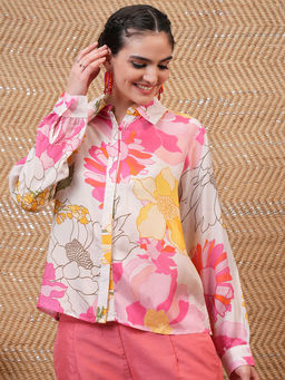 VISHUDH - Women White and Multi Floral Print Causal Shirt