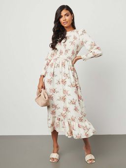 Styli - White Round Neck Long Sleeves Floral Print A-line Midi Dress