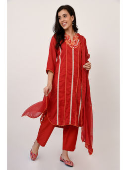 Naina Arunima - Red Pure Cotton Floral Block Printed Kurta (Set of 3)