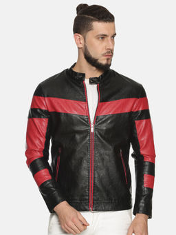 SHOWOFFFF - Red Casual Slim Colorblock Leather Jacket