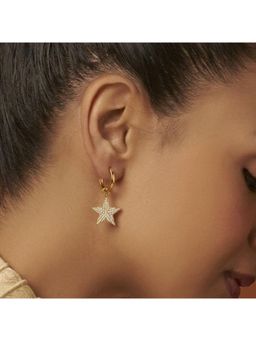Arvino - Gold Plated Crystal Pave Star Charm 92.5 Sterling Silver Hoop White Earrings