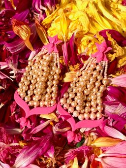 ORNAMAAS - Pink Lotus Chandelier White Earrings