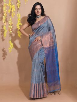 CHARUKRITI - Grey Cotton Blend Handwoven Zari Motifs & Floral Borders Saree with Unstitched Blouse