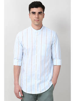 Peter England - Men Light Blue Slim Fit Stripes Full Sleeves Casual Shirt