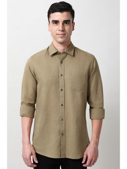 Peter England - Men Khaki Slim Fit Solid Full Sleeves Casual Shirt