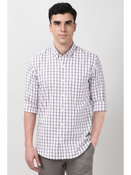 Peter England - Men White & Purple Slim Fit Checks Full Sleeves Casual Shirt