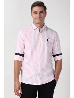 Peter England - Men Pink Slim Fit Stripes Full Sleeves Casual Shirt