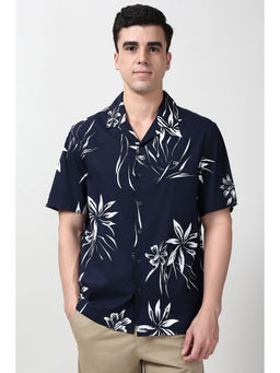 Peter England - Men Navy Blue Regular Fit Floral Printed Half Sleeves Casual Shirt