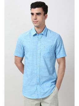 Peter England - Men Light Blue Slim Fit Textured Half Sleeves Casual Shirt