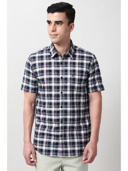 Peter England - Men Navy Blue Slim Fit Checks Half Sleeves Casual Shirt