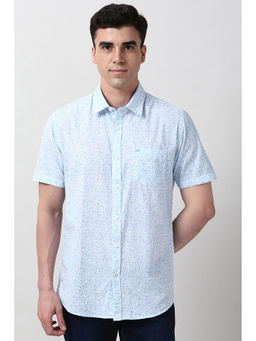 Peter England - Men Light Blue Slim Fit Floral Printed Half Sleeves Casual Shirt