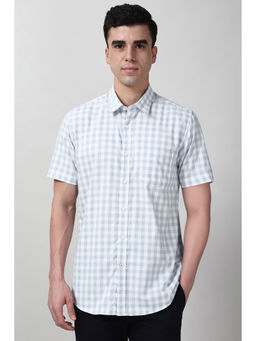 Peter England - Men Light Grey Slim Fit Checks Half Sleeves Casual Shirt