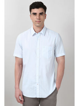 Peter England - Men Sky Blue Slim Fit Stripes Half Sleeves Casual Shirt