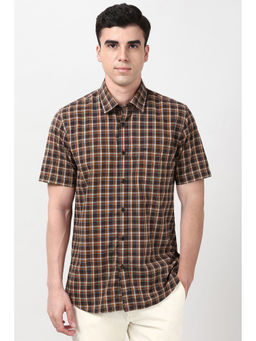 Peter England - Men Brown Slim Fit Checks Half Sleeves Casual Shirt
