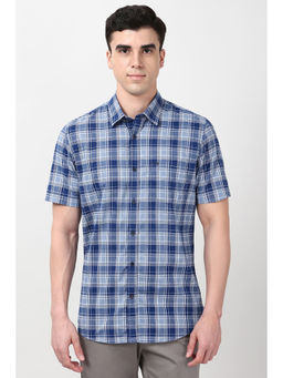 Peter England - Men Blue Slim Fit Checks Half Sleeves Casual Shirt