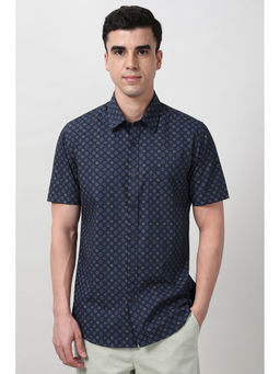 Peter England - Men Navy Blue Slim Fit Printed Half Sleeves Casual Shirt