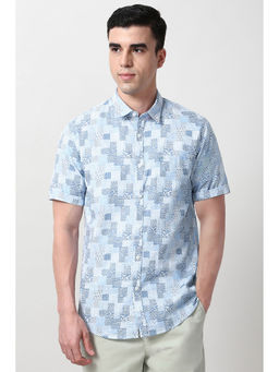 Peter England - Men Light Blue Slim Fit Printed Half Sleeves Casual Shirt