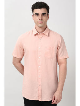 Peter England - Men Peach Slim Fit Solid Half Sleeves Casual Shirt