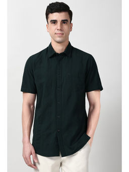 Peter England - Men Green Slim Fit Textured Half Sleeves Casual Shirt