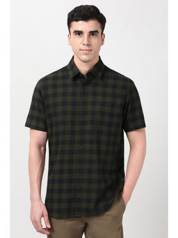 Peter England - Men Olive Slim Fit Checks Half Sleeves Casual Shirt