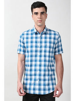 Peter England - Men Blue Slim Fit Checks Half Sleeves Casual Shirt
