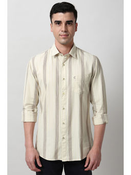Peter England - Men Beige Slim Fit Stripes Full Sleeves Casual Shirt